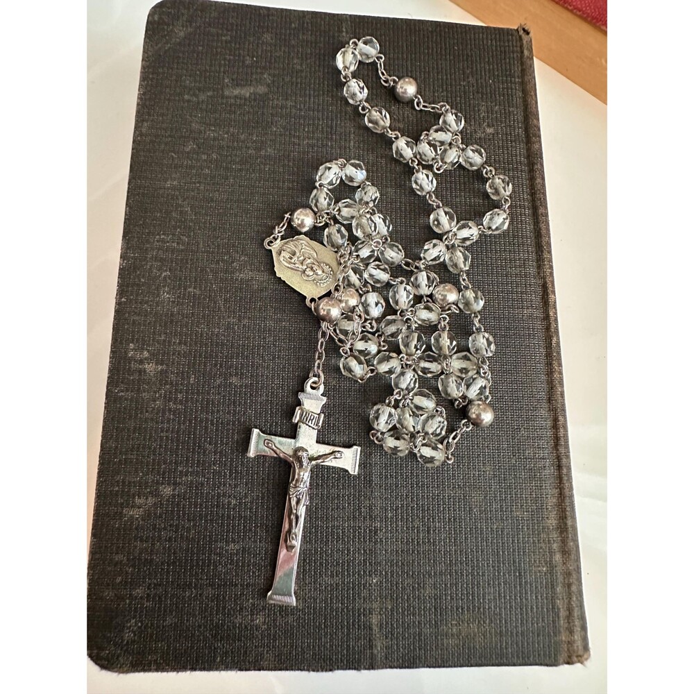 Vintage Sterling Silver Rosary Clear Glass Beads Catholic Italian Crucifix